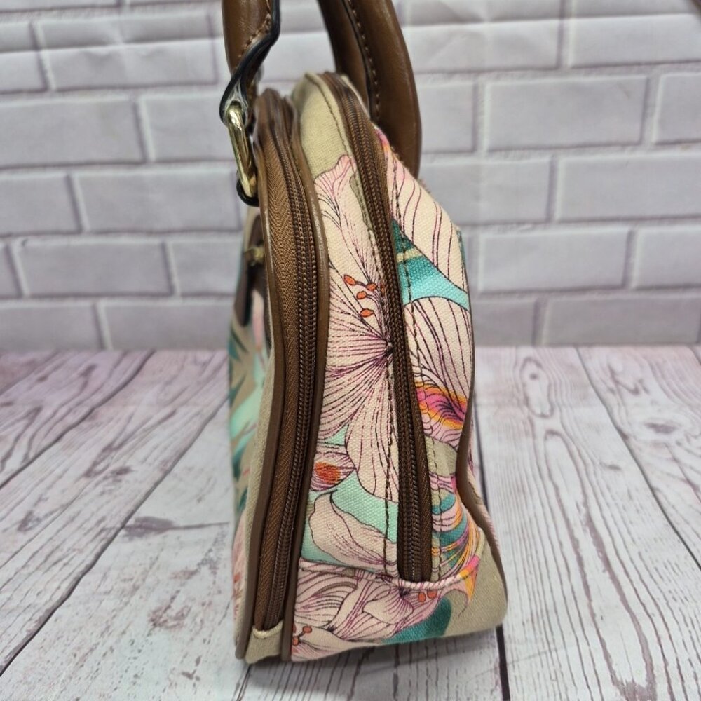 Jaclyn Smith Lily Canvas Handbag Purse Colorful Floral And Brown Pockets - Picture 5 of 10